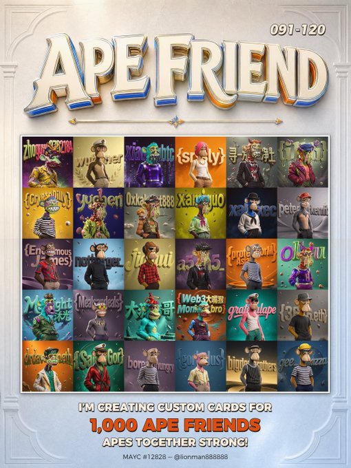A promotional poster for 'APEFRIEND' NFT collection, advertising custom cards for 1,000 ape friends with various monkey character thumbnails displayed in a grid.