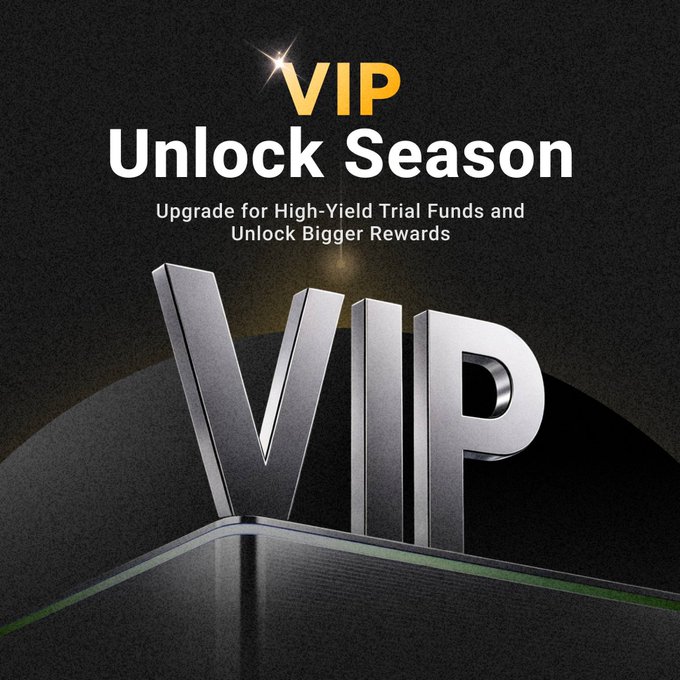 A promotional graphic with metallic 3D 'VIP' lettering on a dark background, advertising 'VIP Unlock Season - Upgrade for High-Yield Trial Funds and Unlock Bigger Rewards'.