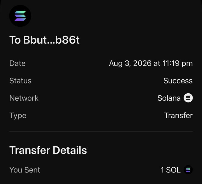 A screenshot of a successful Solana transaction showing 1 SOL sent to address "Bbut...b86t" on August 3, 2026 at 11:19 pm, which corresponds to the post documenting one of 8 SOL giveaways to followers.