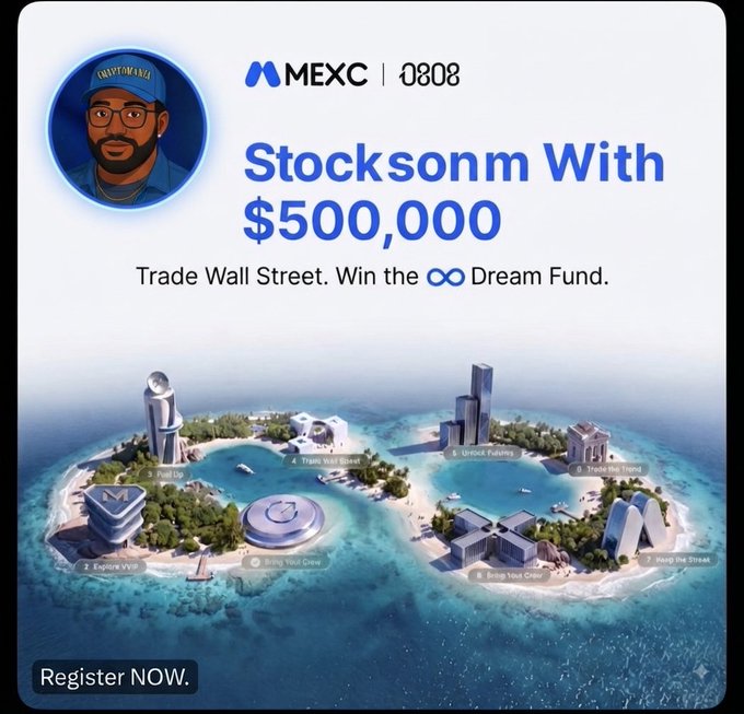 An advertisement featuring a cartoon avatar and the MEXC and 0808 logos, promoting 'Stocksonm With $500,000' with the tagline 'Trade Wall Street. Win the ∞ Dream Fund,' alongside a 3D island showing numbered virtual buildings.
