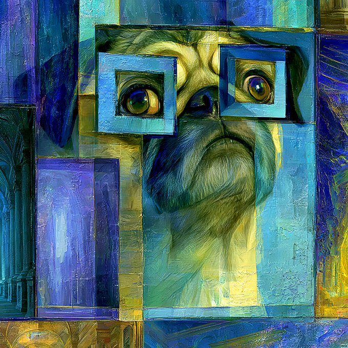 A stylized digital portrait of a pug wearing square blue glasses, rendered in a cubist, geometric art style with vibrant blues and yellows.