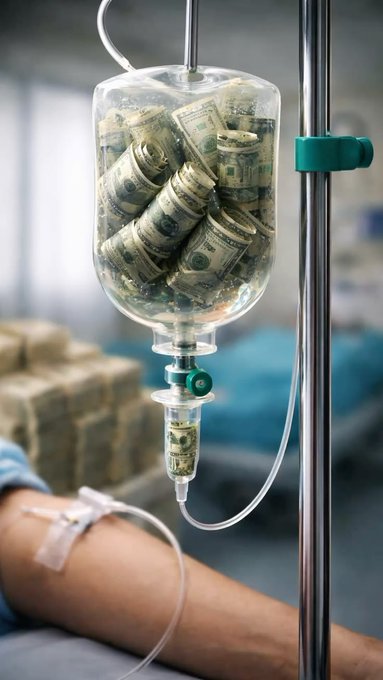 The image shows a person's leg with an IV attached, filled with money instead of fluids. The IV is connected to a bottle that contains stacks of cash. This unusual setup suggests that the person receiving treatment might be involved in some sort of financial transaction or investment opportunity. The focus on this unique scenario and its connection to the post about web3 highlights the growing interest in alternative forms of currency, digital assets, and blockchain technology.