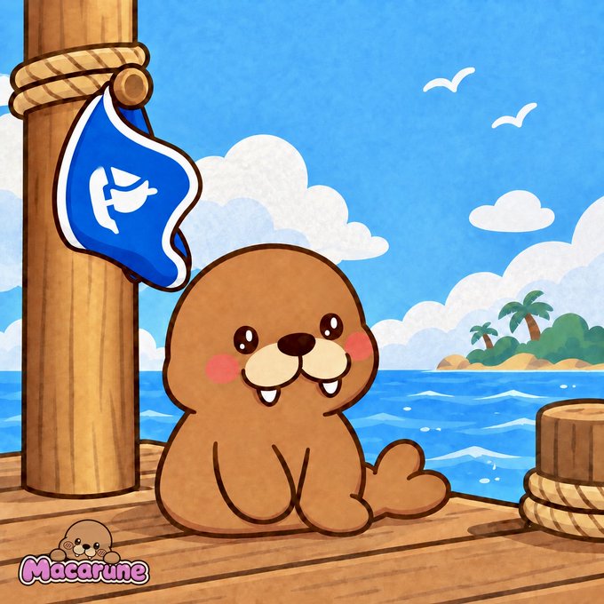 An illustration of a cute brown walrus character with two small tusks sitting on a wooden dock, featuring a blue flag with a logo and the text 'Macarune' at the bottom.