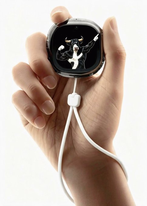 A hand holds a small smartwatch displaying an image of a muscular black and white bull with a human body flexing its arms, with a white charging cable attached.