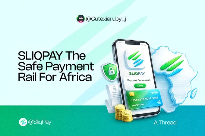 A promotional graphic for 'SLIQPAY' described as 'The Safe Payment Rail For Africa,' showing a smartphone with a successful payment screen and a VISA card.