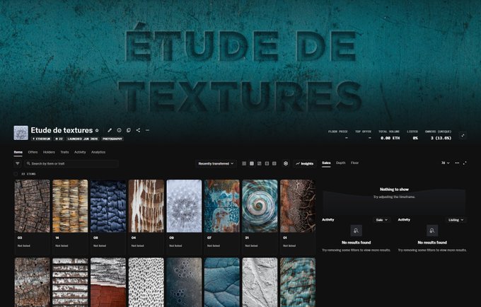 The image shows a computer screen displaying a collection of different textures, including wood grain, stone, metal, and fabric. The text "etude de textures" is visible at the top of the image, indicating that this is an online gallery showcasing various textures. The post also mentions that the banner has been changed to make it look more appealing or attractive.