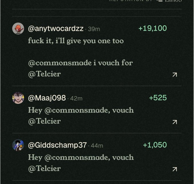 A screenshot of three social media comments on a dark theme: '@anytwocardzz: fuck it, i'll give you one too @commonsmade i vouch for @Telcier', '@Maaj098: Hey @commonsmade, vouch @Telcier', and '@Giddschamp37: Hey @commonsmade, vouch @Telcier', each showing upvote counts.