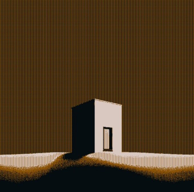 A minimalist digital illustration of a simple beige rectangular building with a dark doorway, sitting on a small hill against a textured brown background with vertical line patterns.