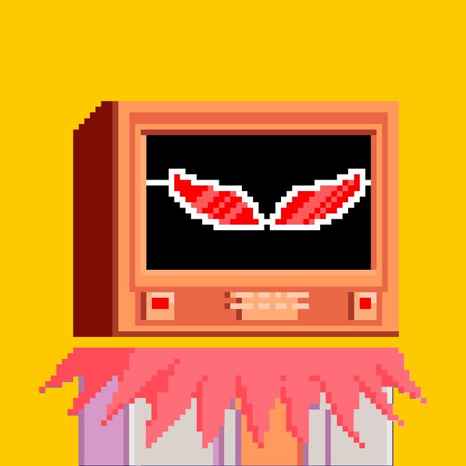 A pixel art illustration of an old-fashioned television displaying red angry eyes, sitting on a table covered with a pink tablecloth against a yellow background.