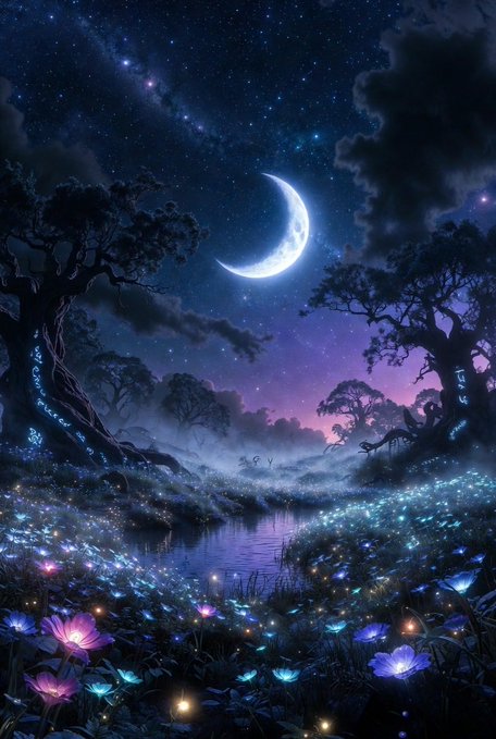 A magical nighttime fantasy landscape featuring a crescent moon, starry sky, silhouetted trees, and a field of glowing blue and pink flowers reflecting in a calm stream.