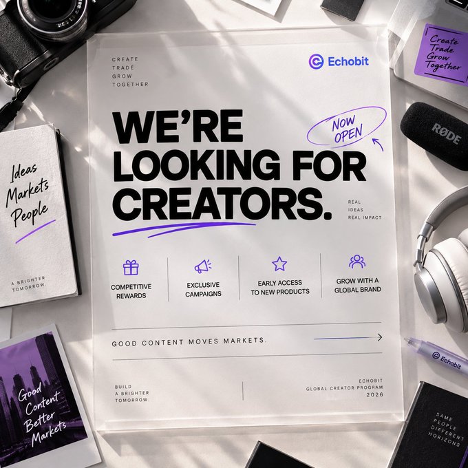 A promotional poster for 'Echobit' announces 'WE'RE LOOKING FOR CREATORS. NOW OPEN' for their Global Creator Program 2026, surrounded by creative items including a camera, headphones, and a RØDE microphone.