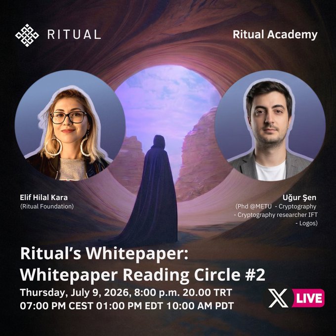 Promotional graphic for Ritual Academy's 'Whitepaper Reading Circle #2' on Thursday, July 9, 2026, featuring Elif Hilal Kara (Ritual Foundation) and Uğur Şen (PhD @METU, Cryptography researcher IFT - Logos).