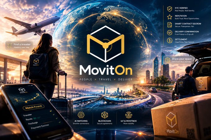 A promotional banner for 'MovitOn', a platform combining AI Matching, Blockchain, and IoT & MovitBox for travel and delivery services.