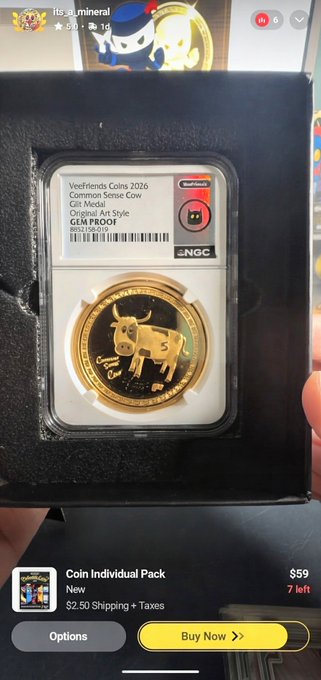 A screenshot from TikTok user 'its_a_mineral' shows an NGC-graded 'Yearfriends Coin 2026 Common Series Cow' with a Bull face design, listed as a 'Coin Individual Pack' for $59.