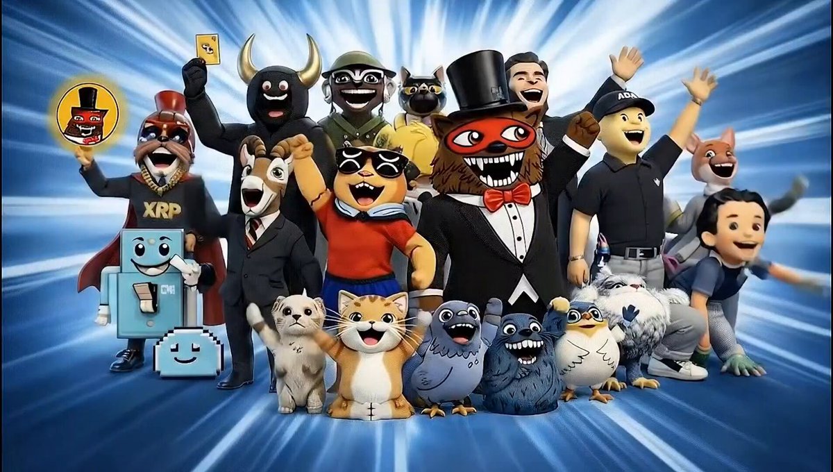 The image features a group of cartoon characters posing for a picture, including a man with a top hat and cane, a woman wearing sunglasses, and other characters such as a cat, dog, bird, and mouse. The background has a blue glow that makes the colors pop out, and there are several different types of characters in the photo. The post includes text elements like "@Apex_589 @ODL589 @BEAR 12345life @RYStarling @Lebro589 @PTUGUACRX @Kubesmane @__FATE111 1 @bear_ish_pirate @xrprophecys @BangBang_NFTs @Kickdacurtain We are". The post is related to the character meme, as it features a group of cartoon characters posing for a picture.