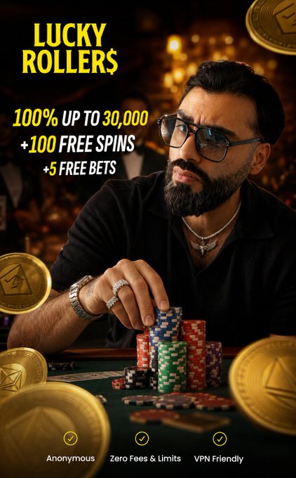A bearded man wearing sunglasses sits at a casino table stacking colorful poker chips, surrounded by large gold coins, with promotional text reading "LUCKY ROLLERS" and offering "100% UP TO 30,000 +100 FREE SPINS +5 FREE BETS," along with features listed as "Anonymous," "Zero Fees & Limits," and "VPN Friendly." The image directly serves as an advertisement for the Lucky Rollers casino platform teased in the post, showcasing the betting and gaming experience new streams viewers can look forward to.
