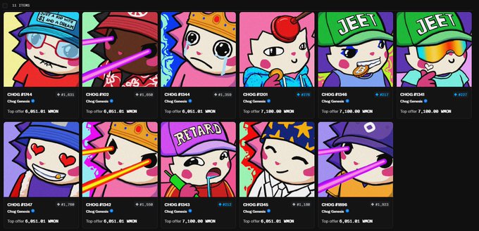 The image displays a collection of 11 colorful Chog NFT characters, each with unique features like caps, sunglasses, and laser eyes, priced between 0.051-1 WMON with various # token IDs (CHOG #344, #349, #348, #341, #501, #346, #341, #347, #349, #343, #345, #345) and trait counts shown below each character. This NFT collection interface illustrates the purchaser's acquisition of additional Chogs at a discounted price, as referenced in their tweet about buying 2 more from the @ChogNFT collection.