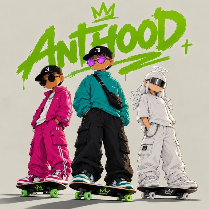 An anime-style illustration of three stylish cartoon characters on skateboards beneath graffiti text reading "ANTIHOOD".