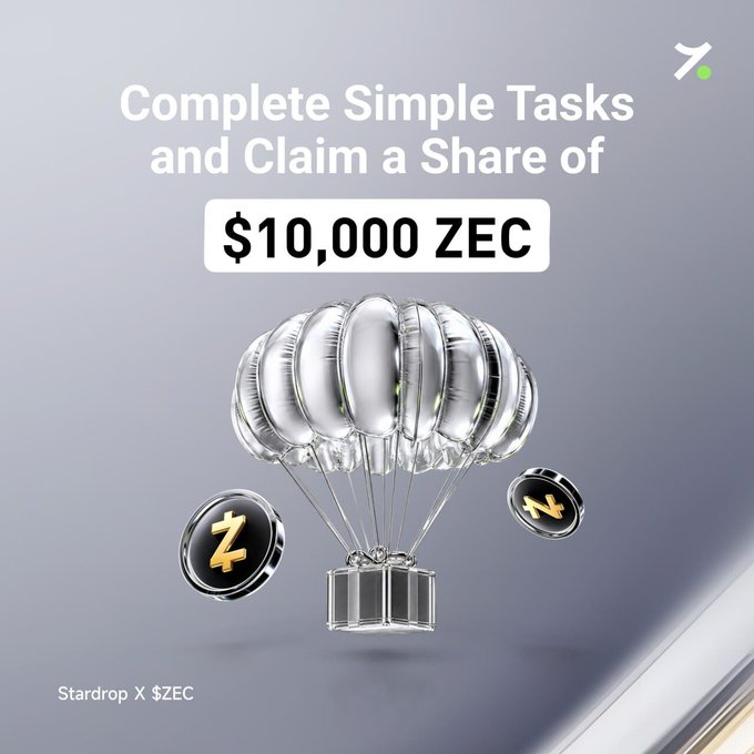 A promotional graphic for Hotcoin's "Stardrop X $ZEC" campaign invites users to complete simple tasks for a share of a $10,000 ZEC prize pool, featuring silver balloon-style ZEC coins floating above a gift box, with the "Z" logo displayed in the corner. The text "Complete Simple Tasks and Claim a Share of $10,000 ZEC" and "Stardrop X $ZEC" ties the visual to the event's reward structure and timeline mentioned in the post.