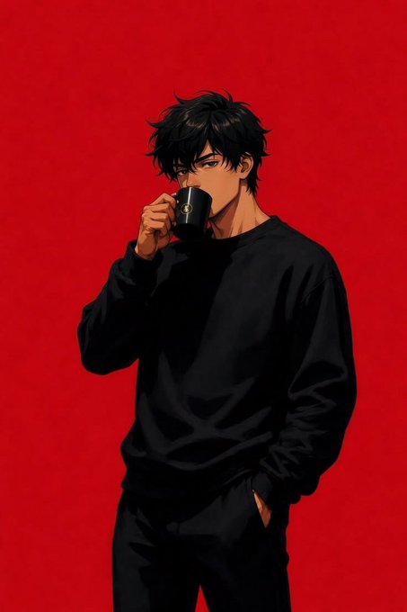 An anime-style illustration of a young man with messy black hair wearing a black sweatshirt, drinking from a dark mug against a vibrant red background.