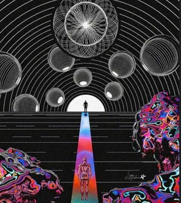 A surreal, symmetrical black-and-white drawing featuring floating wireframe orbs and concentric circles, with a figure standing on stairs bathed in a colorful beam of light, flanked by vibrant, psychedelic forms.
