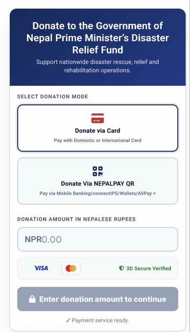 A donation portal for the Government of Nepal Prime Minister's Disaster Relief Fund showing options to donate via Card or NepalPay QR, accepting VISA and Mastercard payments in NPR, with a button reading "Enter donation amount to continue." The image illustrates the very challenge mentioned in the post by someone attempting to facilitate crypto-to-fiat donations for Nepal's relief efforts, as the portal only accepts traditional card payments rather than crypto.