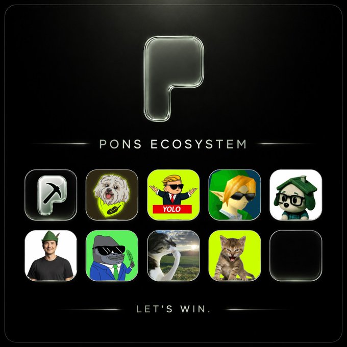 A promotional graphic for 'PONS ECOSYSTEM' featuring a large 'P' logo and ten smaller square icons with various characters and images, with the tagline 'LET'S WIN.' at the bottom.