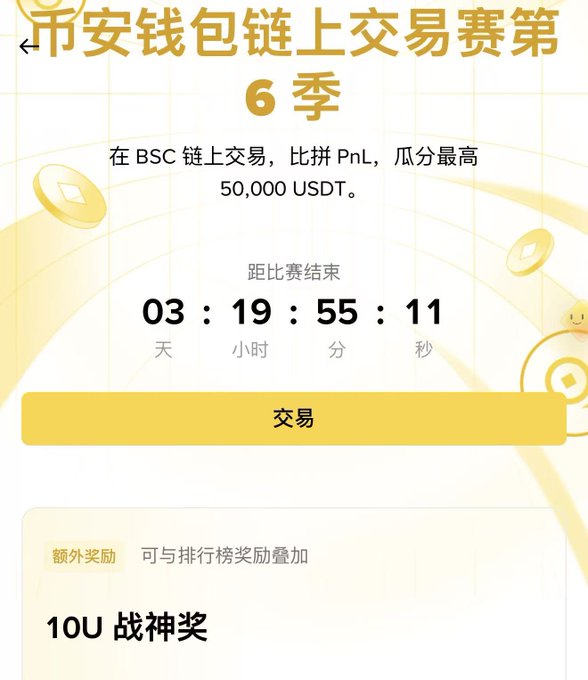 A Binance Chinese-language trading competition page ('币安钱包链上交易赛第6季') offering a 50,000 USDT prize pool for trading on the BSC chain, with a countdown timer showing 03:19:55:11 remaining and a 10U champion reward.