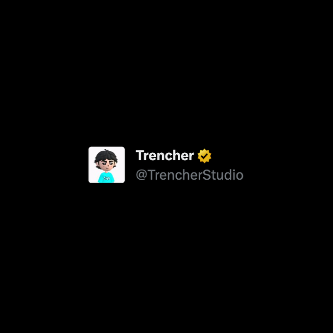 The image shows a Twitter/X profile header for "Trencher" with a verified checkmark, displaying the handle "@TrencherStudio" alongside a cartoon avatar of a dark-haired character wearing a teal shirt. The profile serves as the branded identity for the Trencher Studio, which the accompanying post promotes as a grassroots Solana community project shipping at a high level despite not being backed by major funding.