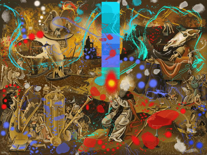 Abstract surrealist collage artwork with chaotic swirling blue and red colors, featuring fragmented classical figures, animal skulls, and a large blue exclamation mark.