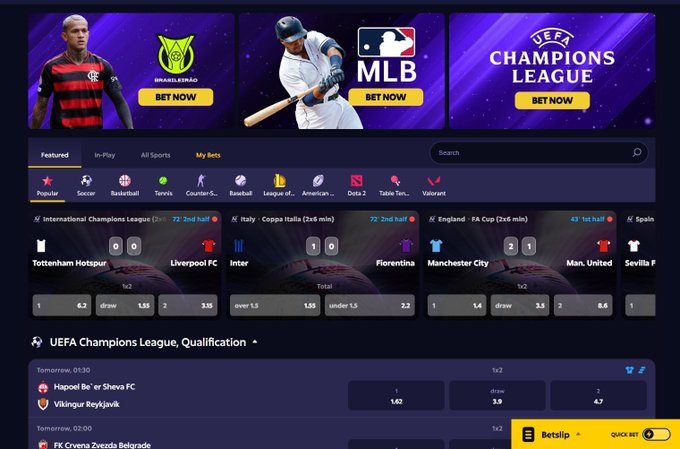 The image shows a sports betting interface displaying promotional banners for Brasileirão, MLB, and UEFA Champions League, along with live match odds for games including Tottenham vs Liverpool FC, Inter vs Fiorentina, and Manchester City vs Man. United. 

This screenshot does not relate to the accompanying post about Roobet's cryptocurrency gaming platform and its "Crash" game.

**Key text visible:** "BET NOW" buttons, "Champions League," team names (Tottenham, Liverpool, Manchester City, Sevilla, Inter, Fiorentina), odds figures (1.62, 3.9, 4.7), and a "QUICK BET" toggle.