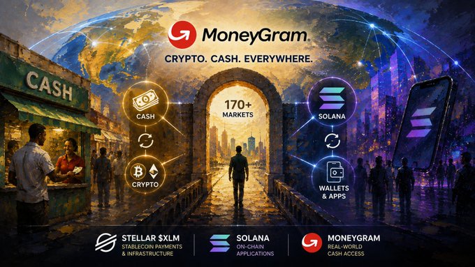 MoneyGram advertisement with the tagline 'CRYPTO. CASH. EVERYWHERE.' showing 170+ markets and highlighting integrations with Stellar (XLM) for payments and Solana for on-chain applications and wallets.