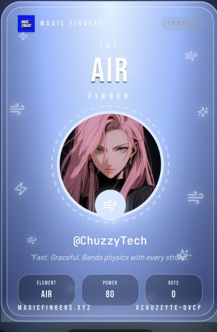The image shows a poster or card with a cartoon girl's face, which is the main focus of the post. The text on the poster reads "I just summoned Air Finger (Common) on @magicfingersgg #30s typing duels for real onchain rewards". This suggests that someone has recently used the magic finger app and is now sharing their experience with others by posting about it.