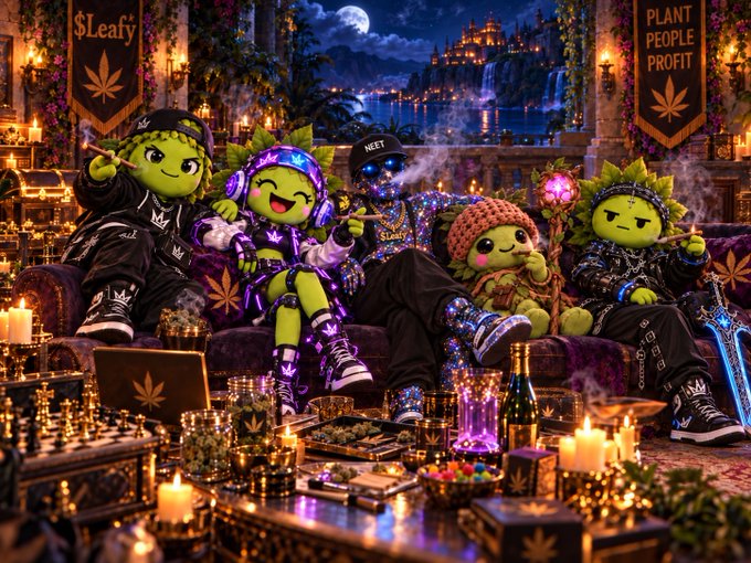 A colorful, fantasy-style image shows five green plant-themed characters lounging on purple couches surrounded by cannabis-leaf decor, gold coins, candles, and banners reading "$Leafy" and "PLANT PEOPLE PROFIT".