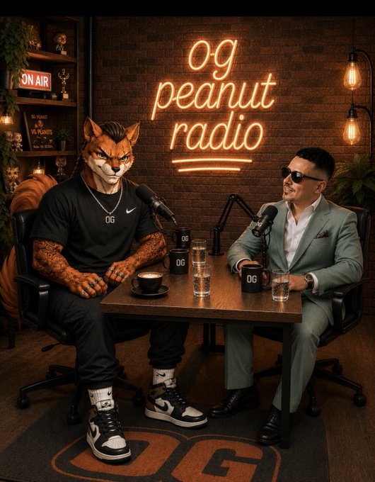 An artistic render of an anthropomorphic cat character wearing a black 'OG' Nike shirt, sitting across from a man in a gray suit at a podcast studio table, with a neon sign reading 'og peanut radio' on the brick wall behind them.