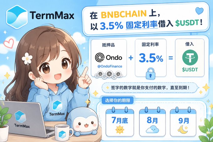 A promotional image for TermMax features a cheerful anime-style character beside graphics explaining how users can borrow USDT at a fixed 3.5% rate on BNB Chain using Ondo collateral, with term options for July, August, and September—visually reinforcing the post's message about predictable, locked-in DeFi borrowing rates.