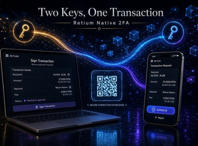 Promotional graphic for Retium Native 2FA showing 'Two Keys, One Transaction' with a laptop and smartphone displaying transaction signing interfaces connected via a QR code.