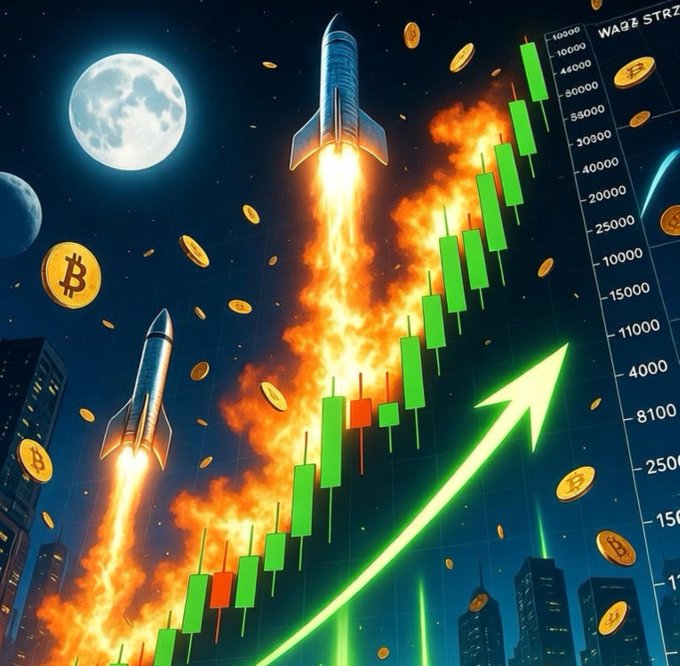 A stylized digital artwork featuring rockets launching alongside a green candlestick trading chart with Bitcoin logos and a large upward arrow, set against a night sky with a full moon.