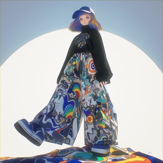 An anime-style illustration of a character with colorful hair wearing a cap, a black sweater with a mandala design, and wide-legged pants with abstract patterns.