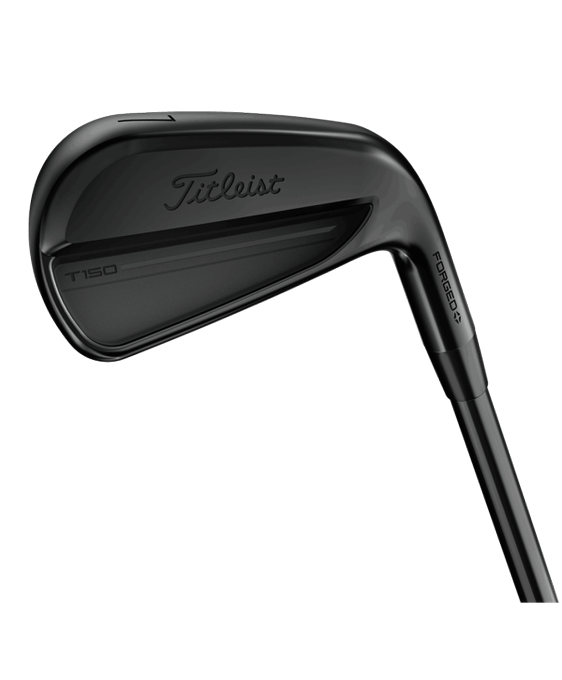 A black Titleist iron head and shaft are isolated on a white background, with visible branding “Titleist,” “T150,” and “FORGED.”