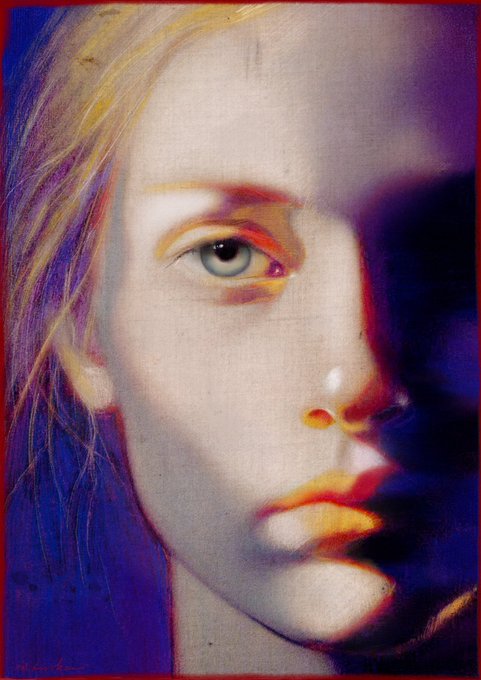 A close-up portrait of a young woman with a solemn, introspective expression, rendered in vivid purples, oranges, and reds with painterly distortion, framing her in a melancholic and vulnerable light.

The artwork's haunting, emotionally charged atmosphere—with its dramatic shadows and vulnerable gaze—echoes the personal grief expressed in the post, where the artist steps away from Web3's pace to share a moment of loss about their father.
