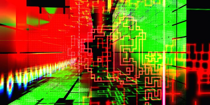 An abstract digital image featuring a chaotic pattern of glowing red, green, and yellow lines and grids.