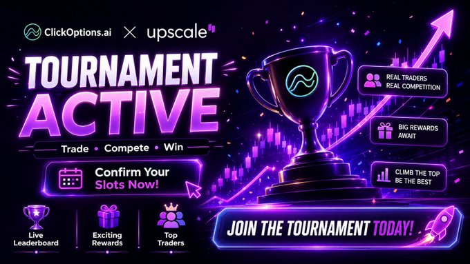 A vibrant purple promotional banner for ClickOptions.ai and Upscale announces an active trading tournament, featuring a glowing trophy, call-to-action buttons ("Confirm Your Slots Now!" and "Join the Tournament Today!"), and highlights like a Live Leaderboard, Exciting Rewards, and $500K in prizes—matching the post's call for traders to compete and climb the ranks.