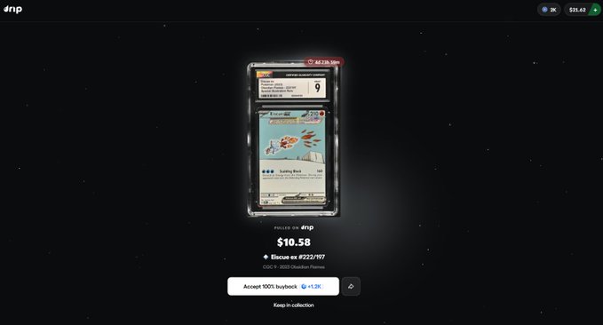 A digital trading platform on 'drip' shows a Pokémon card listed for '$10.58' on the 'Base' network.
