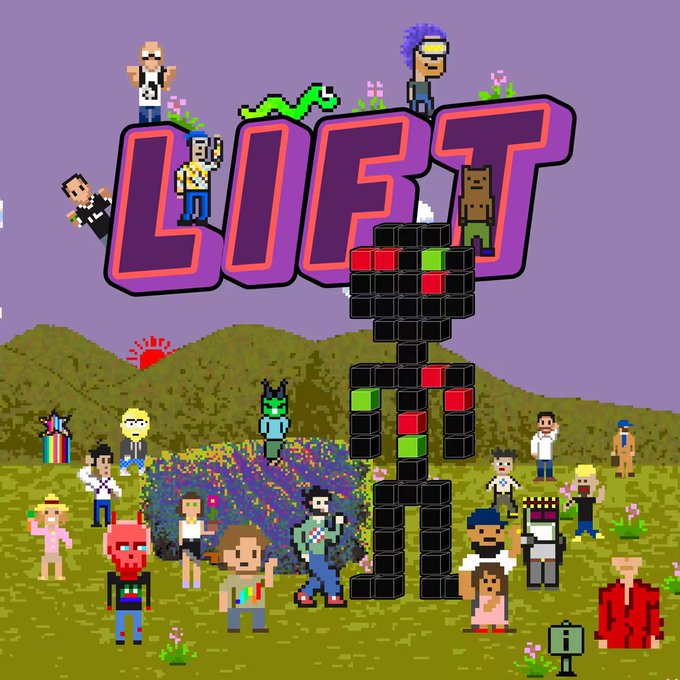 A pixel art illustration featuring the large stylized text "LOFT" at the top, with various diverse pixelated characters standing on a grassy landscape around a large blocky figure made of red and green cubes.