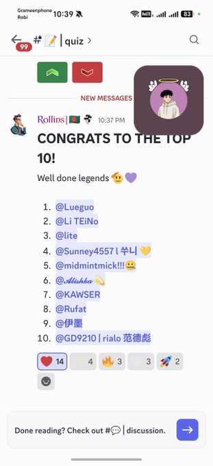 A screenshot of a mobile chat app showing a 'quiz' channel where user 'Rollins' posted 'CONGRATS TO THE TOP 10!' listing usernames like @Luego, @Li TEiNo, and @lite, with 14 heart reactions.