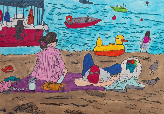 A vibrant watercolor and ink illustration depicts people relaxing on a beach blanket with various items, while boats, a yellow duck float, and a small girl appear in the water nearby.