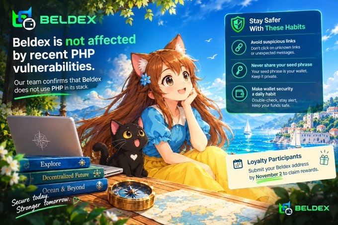 A colorful BELDEX promotional graphic featuring an anime-style fox-eared girl, a black cat, a laptop, and the text “Beldex is not affected by recent PHP vulnerabilities.” A safety panel lists “Stay Safer With These Habits,” including avoiding suspicious links, using a seed phrase, and wallet security, while a card advertises “Loyalty Participants” rewards by November 2.