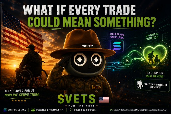 A promotional graphic for the '$VETS FOR THE VETS' cryptocurrency token built on Solana, featuring the slogan 'WHAT IF EVERY TRADE COULD MEAN SOMETHING?' and supporting the Wounded Warrior Project.