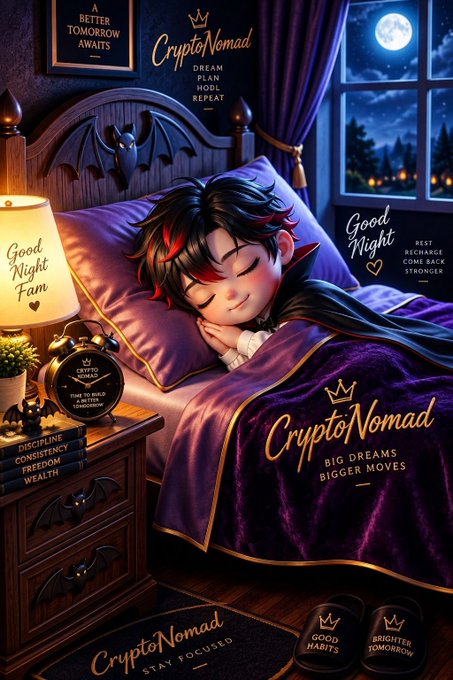 A colorful, anime-style illustration of a sleeping character with red and black hair, surrounded by crypto-themed text like 'CryptoNomad', 'DREAM PLAN HODL REPEAT', and 'To the Moon'.